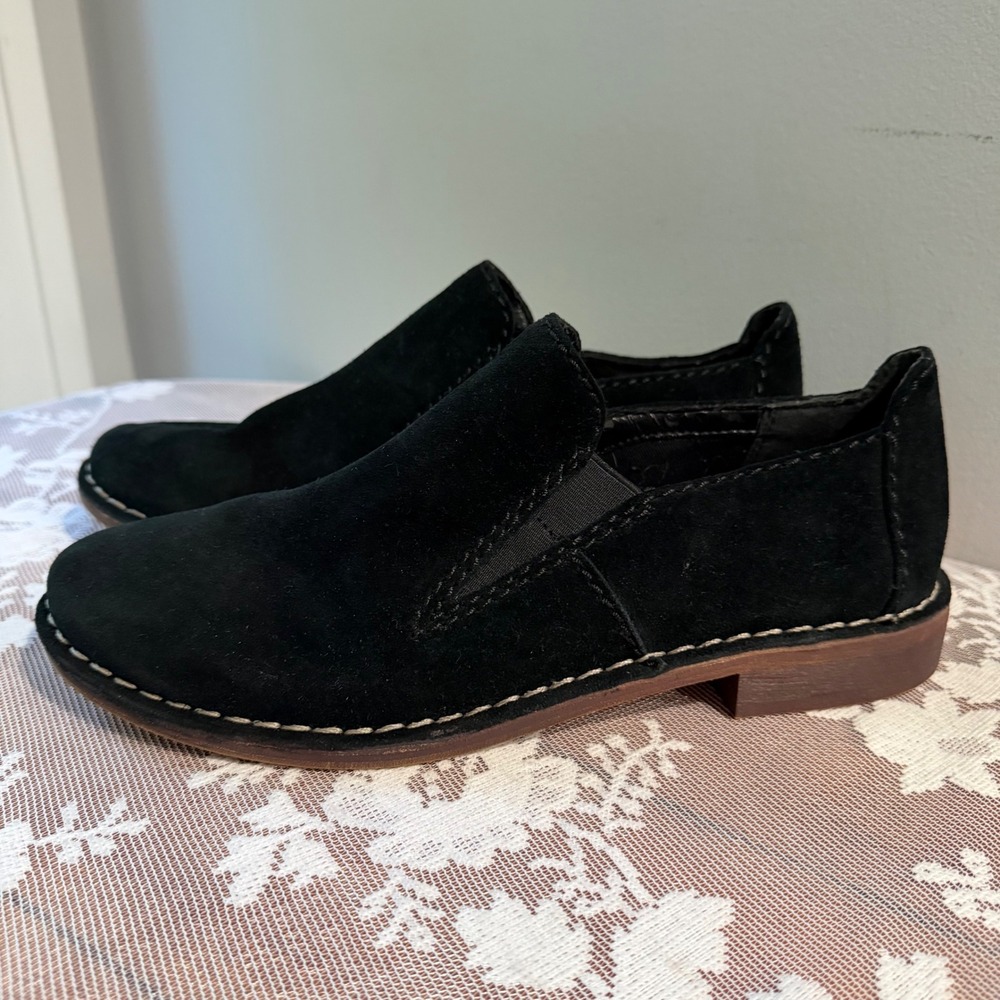 Clarks Cabaret City Loafers Womens 10 Black Suede Slip On Flats Stitch Detail